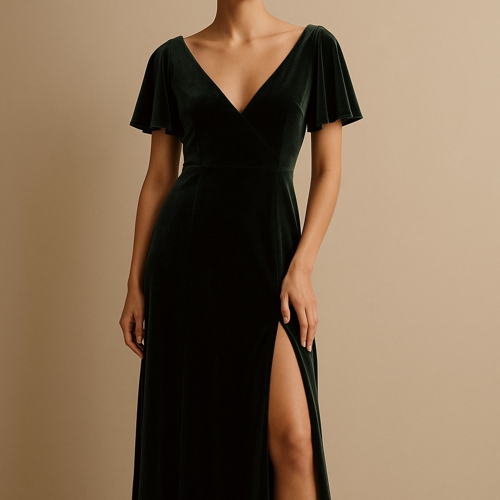 Birdy Grey Emerald Green Velvet Gown Flutter Sleeve Formal Slit Leg Size Medium